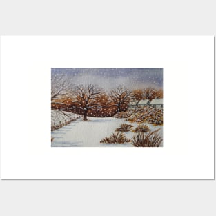 painting of snow snow covered trees and cottages winter snow scene Posters and Art